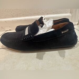 Bally Men's Dark Suede Loafers with Stripe Detail